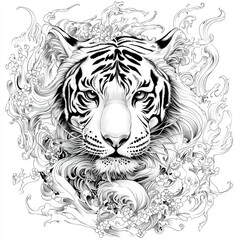 Majestic White Tiger in Ornate Floral and Wave Design