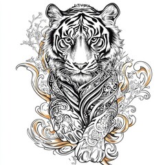 Ornate White Tiger in Floral Frame Majestic Tattoo-Style Design