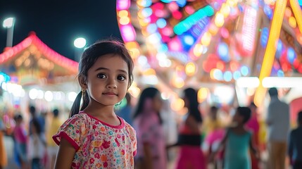 Obraz premium Cute Little Girl at Night Carnival with Bright Colorful Lights