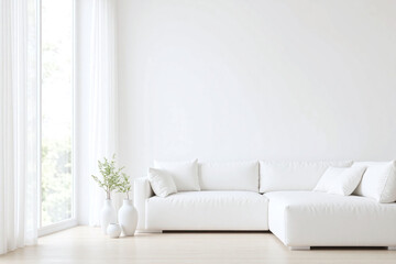 Modern living room white color scheme sofa vases plants