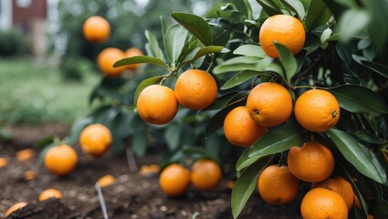 Fresh Oranges Growing On Tree Branches In An Abundant Orchard Setting With Lush Green Leaves And A Scenic Background