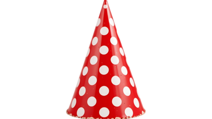A festive red and white polka dot party hat ready for a celebration against a plain black background.
