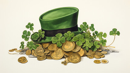 A watercolor illustration of a green hat on gold coins with a clover, evoking the spirit of St. Patrick&rsquo;s Day and Irish luck