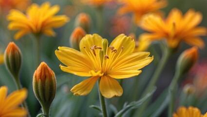 Fototapeta premium Vibrant close-up of orange yellow flowers in a garden setting showcasing natural beauty and floral detail