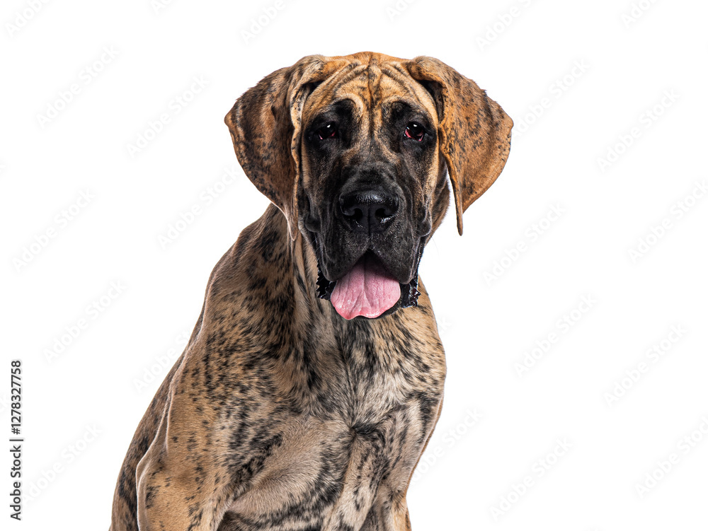 Poster great dane panting and showing its tongue on white background