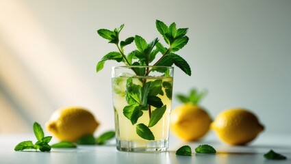 Refreshing Lemonade with Fresh Mint and Lemons in Background Perfect for Beverage Promotions