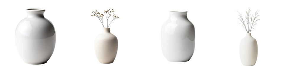 Elegant minimalist ceramic vases in a serene and balanced composition showcased against a simple white background  The clean lines matte finishes