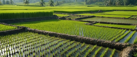 Lush Green Paddy Fields After Rice Planting in Summer Create Serene Agricultural Landscape Amidst Tropical Scenery