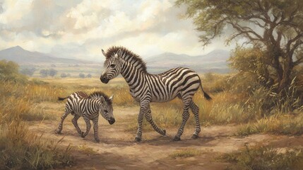 Mother and Baby Zebra Walking Together in Serene African Landscape