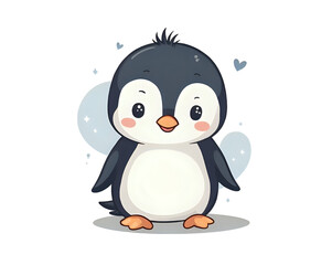 Obraz premium Funny penguin cartoon with transparent background - hearts and glitter graphics, orange and black details, orange beak and feet