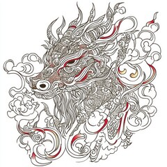 Intricate Line Art Dragon with Clouds - Asian Mythology Design