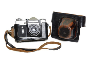 Vintage old film photo-camera in leather case white background