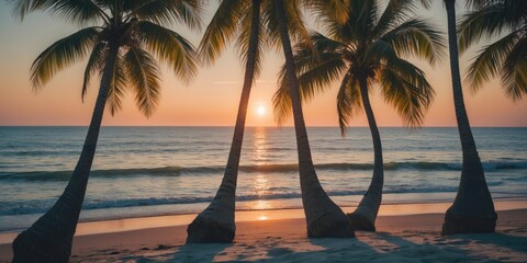 Serene Sunset Over Ocean With Silhouetted Palm Trees On Beach Creating Tranquil Vacation Atmosphere And Space For Text Overlay