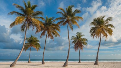 Fototapeta premium Palm Trees Silhouetted Against Cloudy Blue Sky on Tranquil Beach with Gentle Waves and Soft Sand in Tropical Paradise Setting