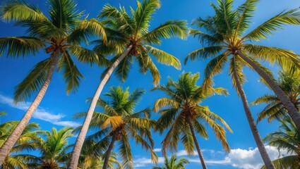 Obraz premium Tropical Palm Trees Against Vibrant Blue Sky with Lush Greenery and Yellowed Fronds