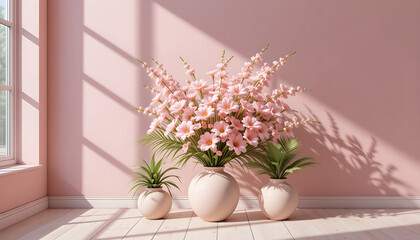 Fototapeta premium pink flowers and plants, texture, Luxurious Floral Still Life with Pink and Green Details