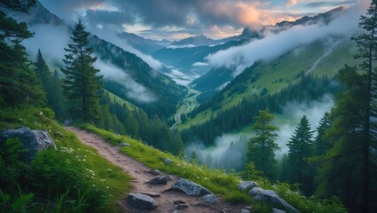 Obraz premium Panoramic Alpine Valley Landscape with Lush Pine Forests and Morning Fog on Hiking Trail Ideal for Nature and Adventure Themes