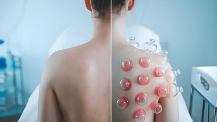Before and after wet cupping therapy on a person’s back, showing smooth skin on one side and fresh, symmetrical red marks on the other in a serene wellness setting.