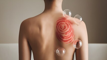 Before and after wet cupping therapy on a person’s back, showing smooth skin on one side and fresh, symmetrical red marks on the other in a serene wellness setting.
