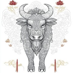 Ornate Mandala Style Water Buffalo - Chinese Zodiac Symbol