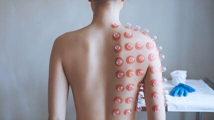 Before and after wet cupping therapy on a person’s back, showing smooth skin on one side and fresh, symmetrical red marks on the other in a serene wellness setting.