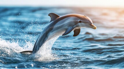 Playful Dolphin Leaping Out of Sparkling Ocean Water at Sunrise