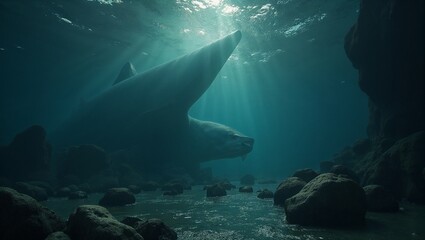 Fototapeta premium Mystical underwater sanctuary with a glowing sea witch surrounded by ancient ruins and magical bubbles 