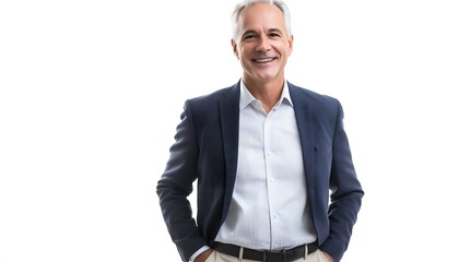 A mature man smiles confidently wearing a blazer and slacks