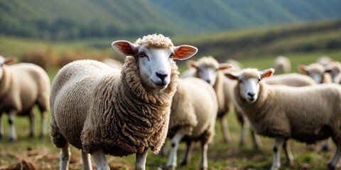 Fototapeta premium Sheep grazing in lush green pastures with empty space for text, natural rural landscape with flock in foreground and hills in background