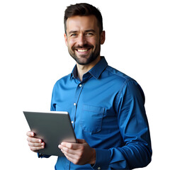 Professional Man with Tablet Sharing Web Content Happily