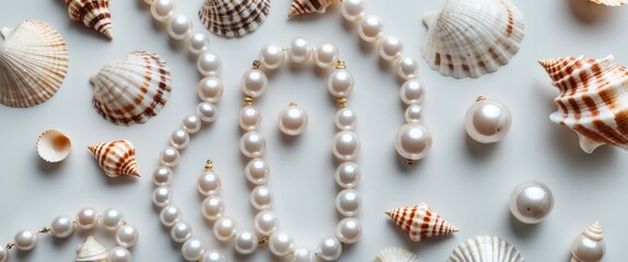 Pearl Beads and Seashells Arranged on White Background with Clear Space for Custom Text and Creative Designs