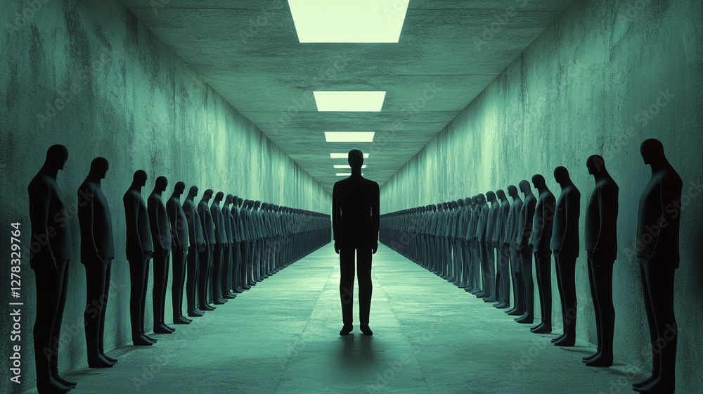 Poster Multiple Versions of Self: A corridor filled with endless clones of the same person, slightly changing with each iteration.