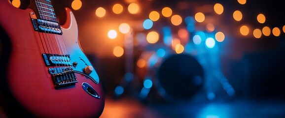 Electric guitar and drum set performance captured under warm stage lights