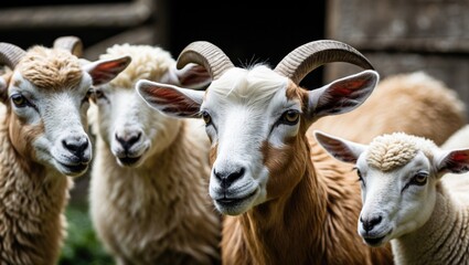 Obraz premium Flock of Domestic Goats and Sheep with Distinct Features in Rustic Farm Setting