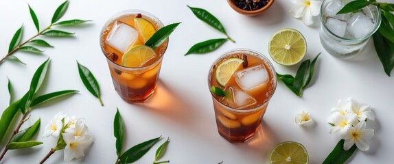 Refreshing Thai iced tea served in clear cups with lime and herbs on a white background, perfect for summer drinks or beverage promotions.