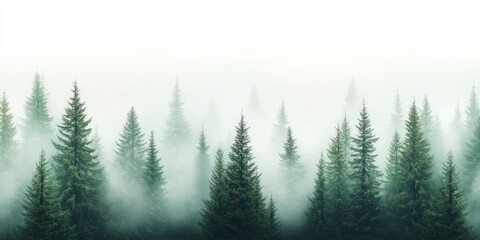 Fototapeta premium Early morning fog blankets a dense forest of evergreen trees, creating a serene and mysterious atmosphere in the natural landscape