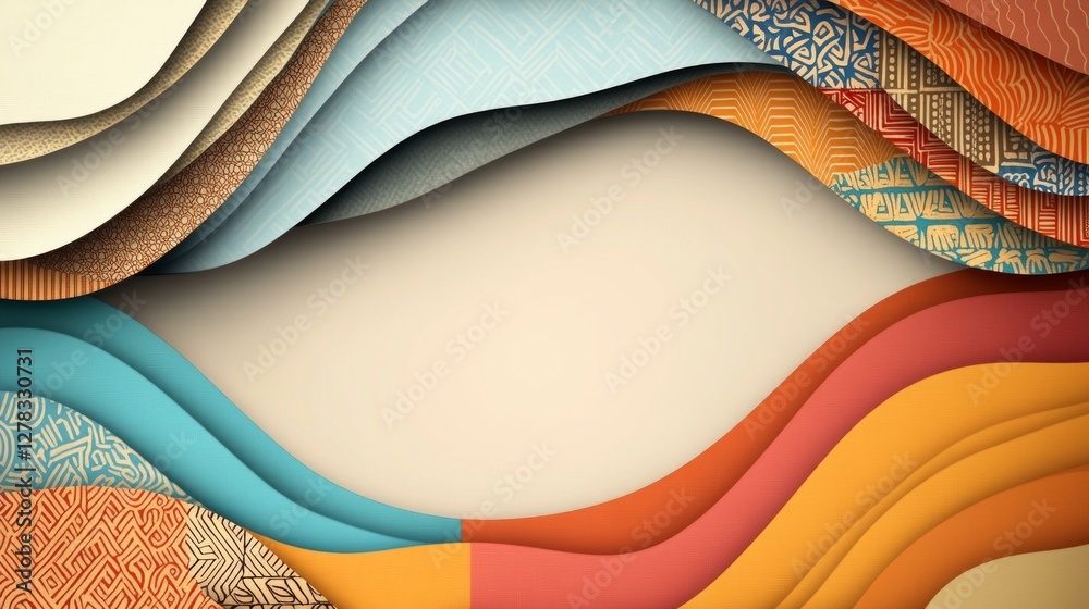 Poster Intricate layers of vibrant colors create a dynamic abstract design featuring wavy patterns with rich textures in a balanced composition