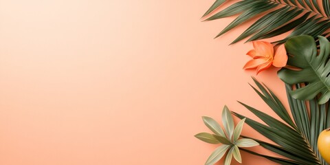 Tropical leaves and vibrant flowers are arranged on a warm peach background, creating a lively and inviting atmosphere perfect for summer gatherings