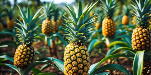 Lush pineapple plantation with ripe fruit growing in garden showcasing vibrant greenery and clear space for text or branding additions.
