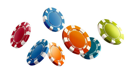 Set of casino chips falling in the air on transparent background. PNF format.