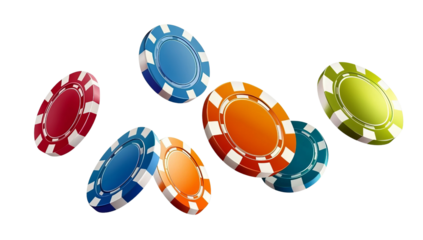 Set of casino chips falling in the air on transparent background. PNF format.