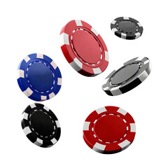Set of casino chips falling in the air on transparent background. PNF format.
