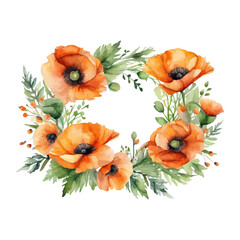 Red poppy flower, watercolor illustration frame