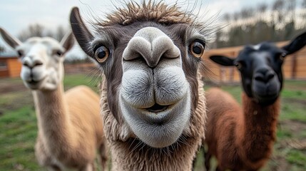 Obraz premium Three llamas are standing in a field, one of which is smiling. The other two are looking at the camera
