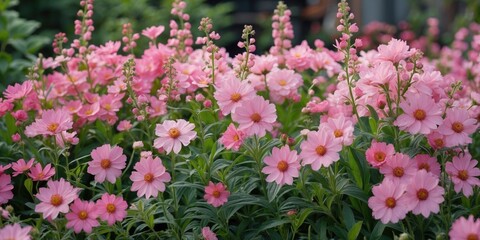 Obraz premium Vibrant Pink Flower Garden with Lush Greenery and Ample Space for Text Overlay Design