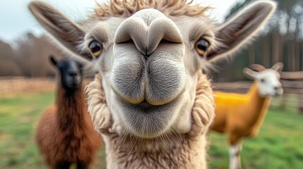 Obraz premium Camel is looking at the camera with its mouth open. A sheep is standing behind it. The scene is set in a grassy field