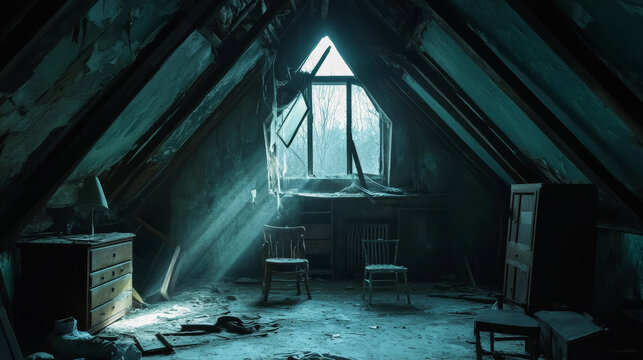 Old abandoned attic house room interior at night cartoon halloween background. Broken and scary garret inside with moonlight beam from window. Dirty home loft with dust, stains on armchair and drawers