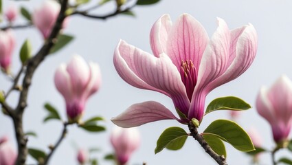 Fototapeta premium Graceful Pink Magnolia Bloom Against Soft Background in Natural Light Showcase of Delicate Petals and Green Leaves