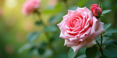 Pink Roses in Full Bloom Surrounded by Lush Green Leaves with Soft Focus Background Creating an Ideal Space for Text Addition