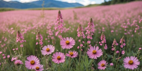 Obraz premium Vibrant Pink Wildflower Field Under Blue Sky with Copy Space for Text in Summer Landscape